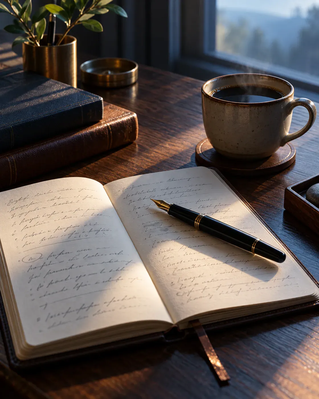 An open journal and pen on a desk in early morning light