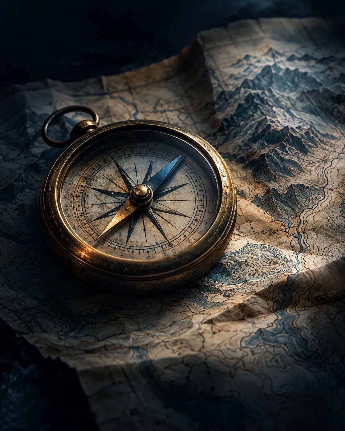 A brass compass resting on an old map