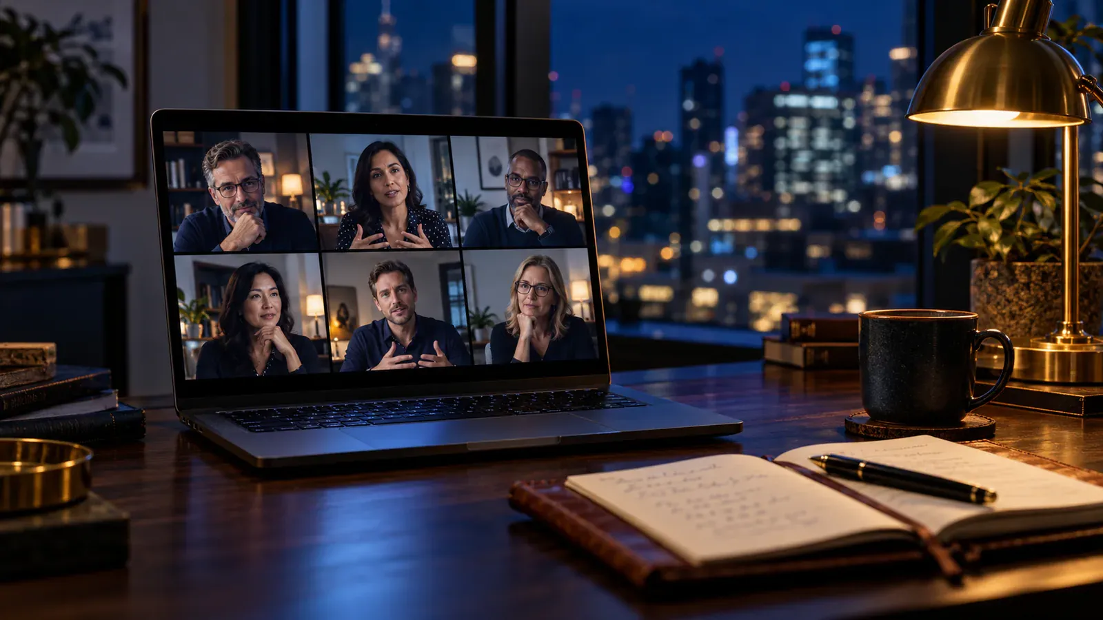 Leaders meeting on a video call during an evening mastermind session