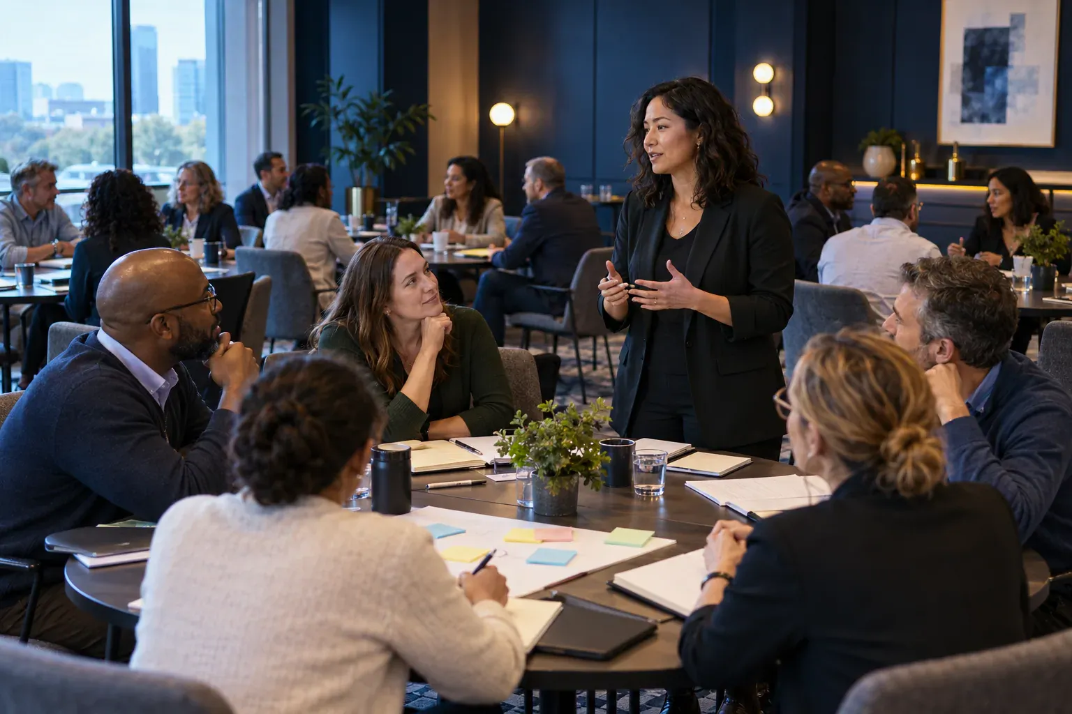 Managers in small groups during an interactive leadership workshop